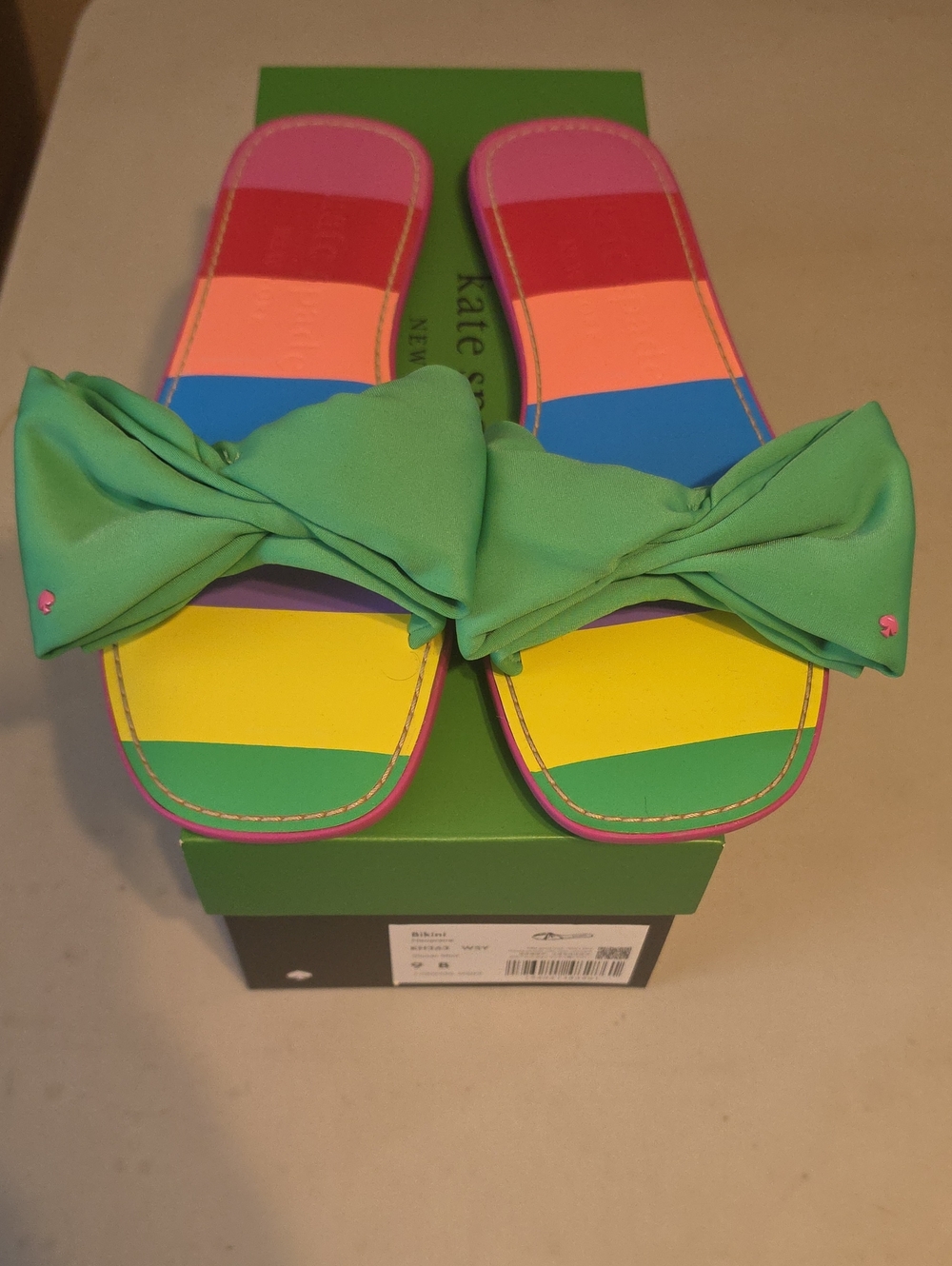 kate spade multicolor striped slide sandals with green bow